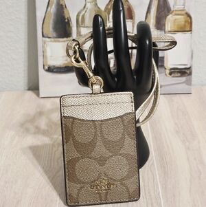Coach Signature C Tan Metallic Gold Lanyard ID Card Holder Mini Wallet Travel